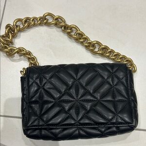 Black Quilted Leather Bag with Gold Chain